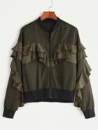 Shein Olive Green Contrast Ribbed Trim Ruffle Bomber Jacket