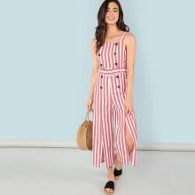 Shein Double Breasted Split Striped Jumpsuit With Buckle Belt