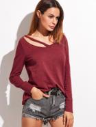 Shein Burgundy Cutout V Neck Slub T-shirt