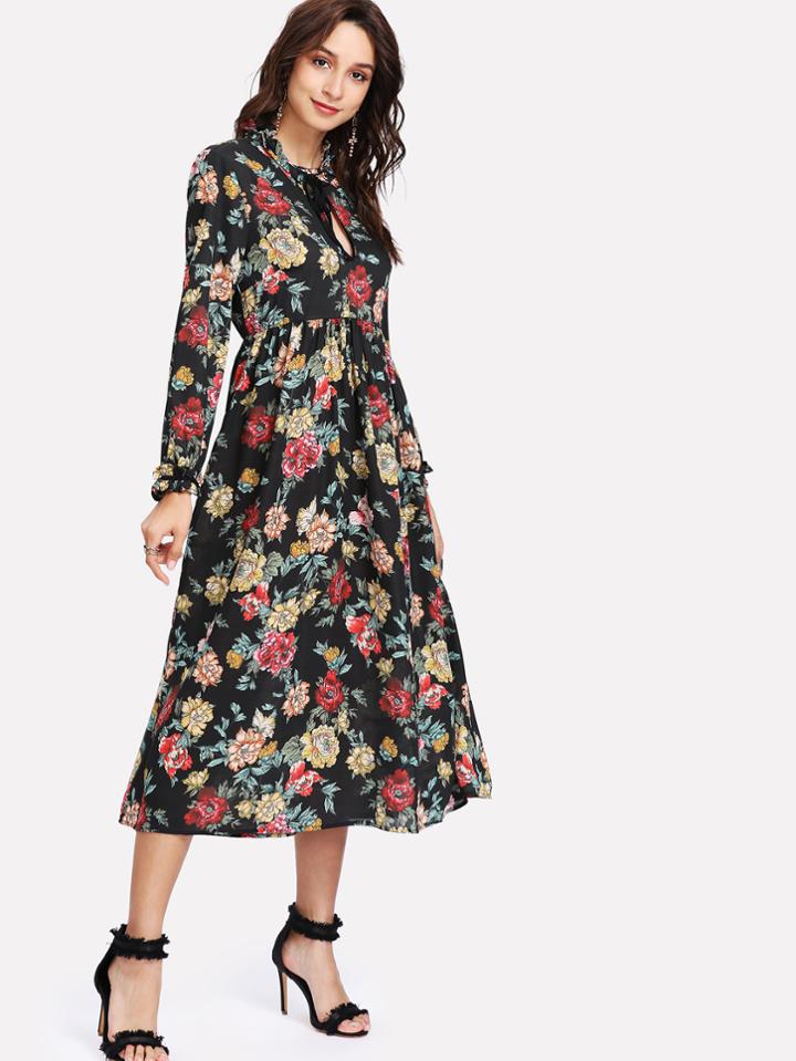 Shein Tie Neck Floral Smock Dress