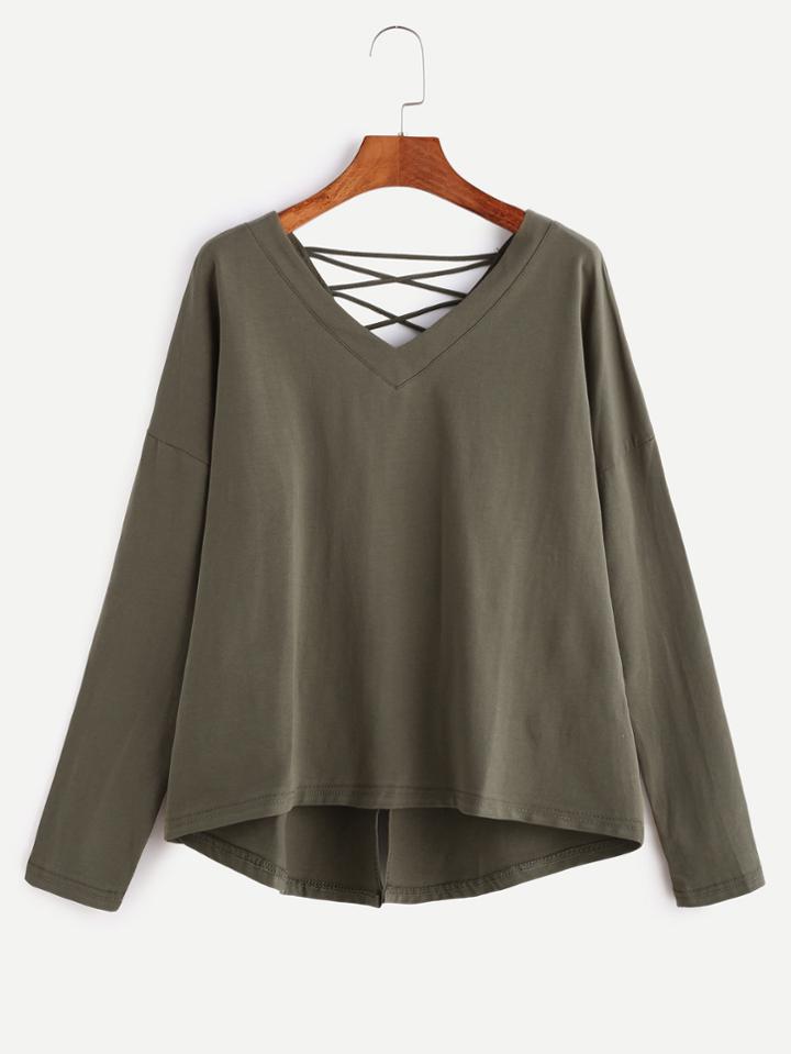 Shein Double V Neck Lattice Back High Low T-shirt