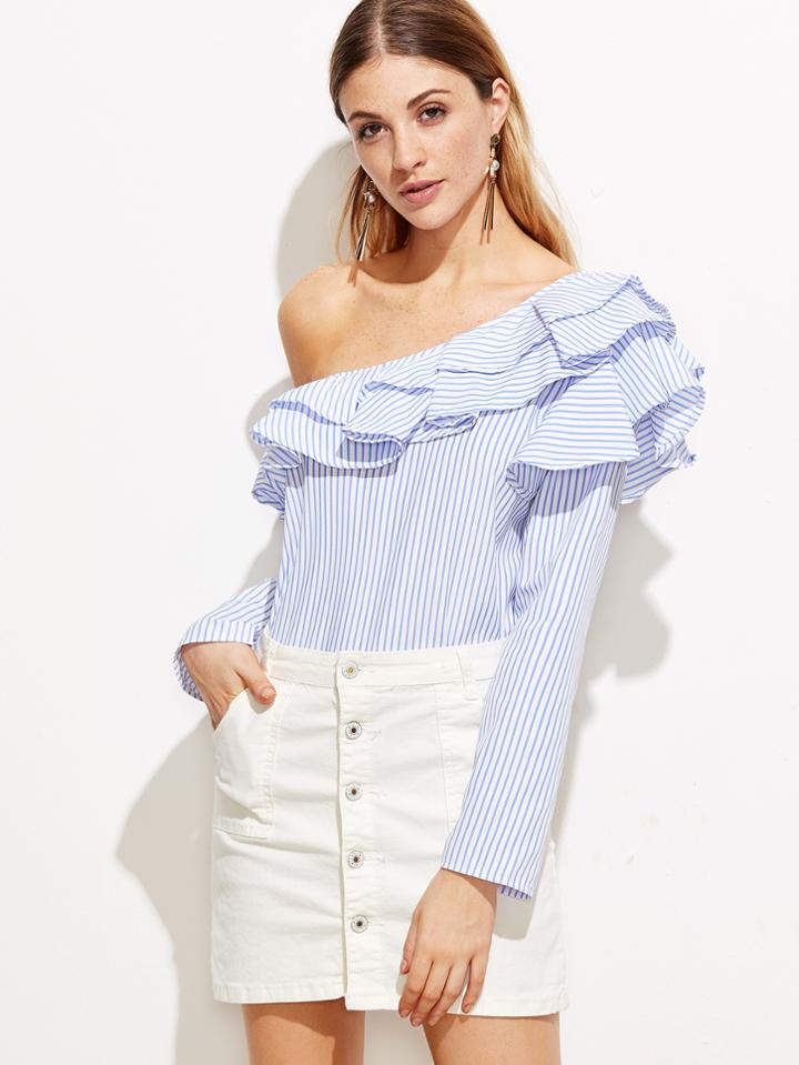Shein Blue Vertical Striped One Shoulder Ruffle Trim Top