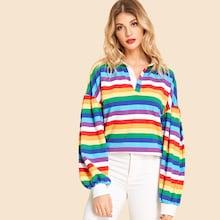 Shein Colorful Striped Print Collar Tee