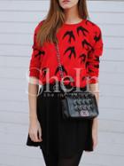 Shein Red Crew Neck Birds Print T-shirt