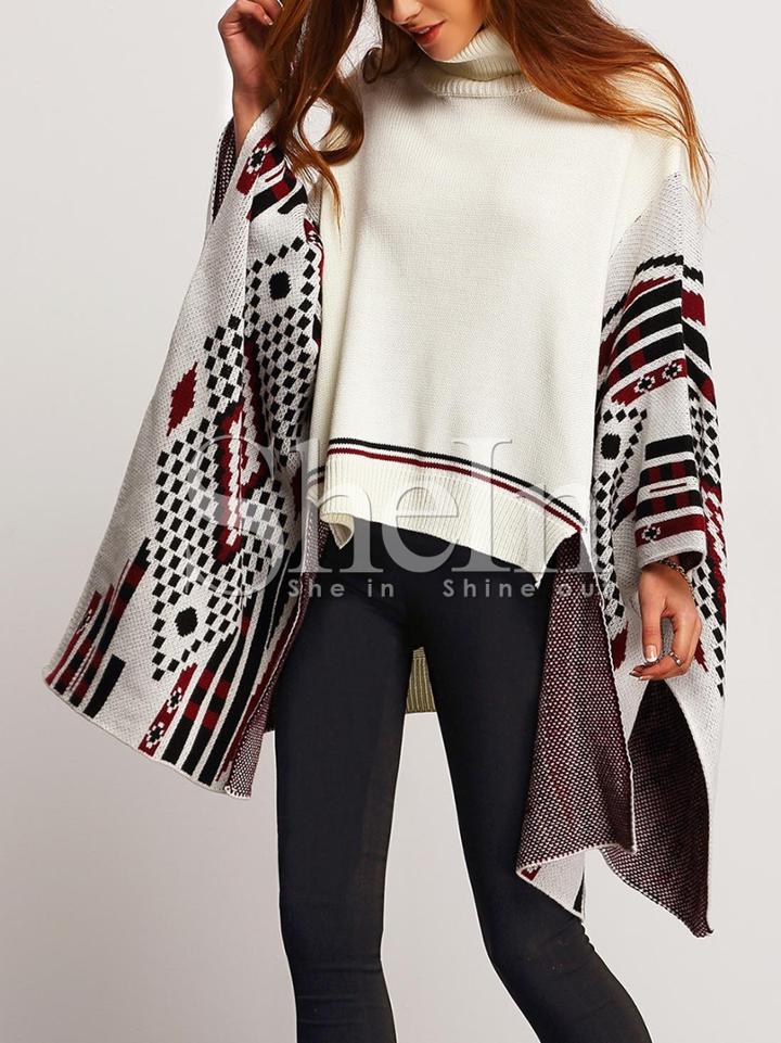 Shein White Color Block Turtleneck Asymmetric Cape Sweater