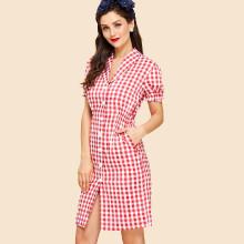 Shein Shawl Collar Puff Sleeve Button Up Gingham Dress