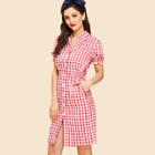 Shein Shawl Collar Puff Sleeve Button Up Gingham Dress