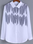 Shein White Lapel Leaves Embroidered Loose Blouse