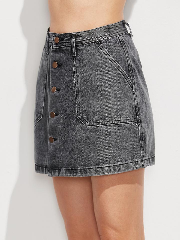 Shein Grey Single Breasted Pockets Denim Skirt