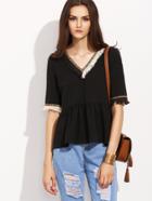 Shein Black V Neck Tape Detail Tassel Hem T-shirt