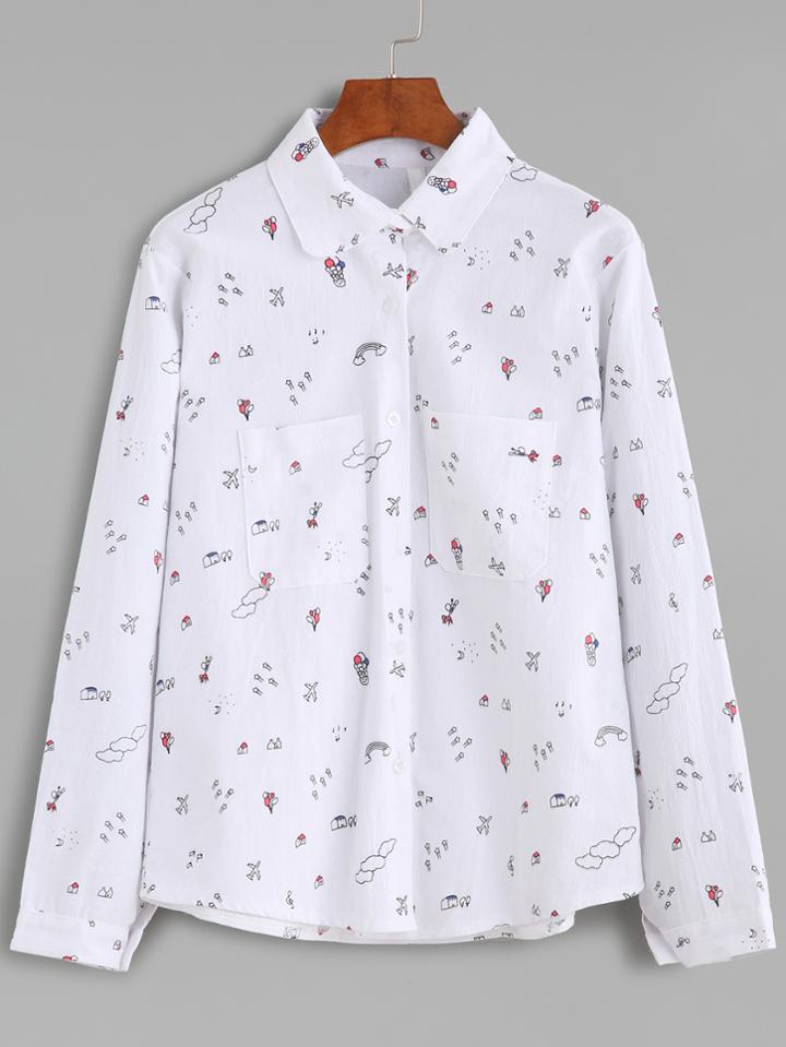 Shein White Drawing Print Pockets Shirt