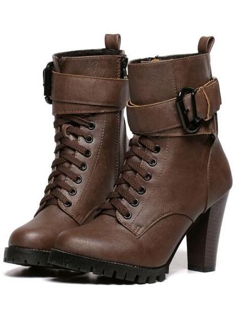 Shein Camel High Heel Buckle Strap Pu Boots