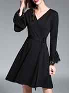 Shein Black V Neck Tie-waist Contrast Lace Dress