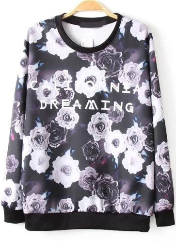 Shein Black Long Sleeve Floral Letters Print Sweatshirt