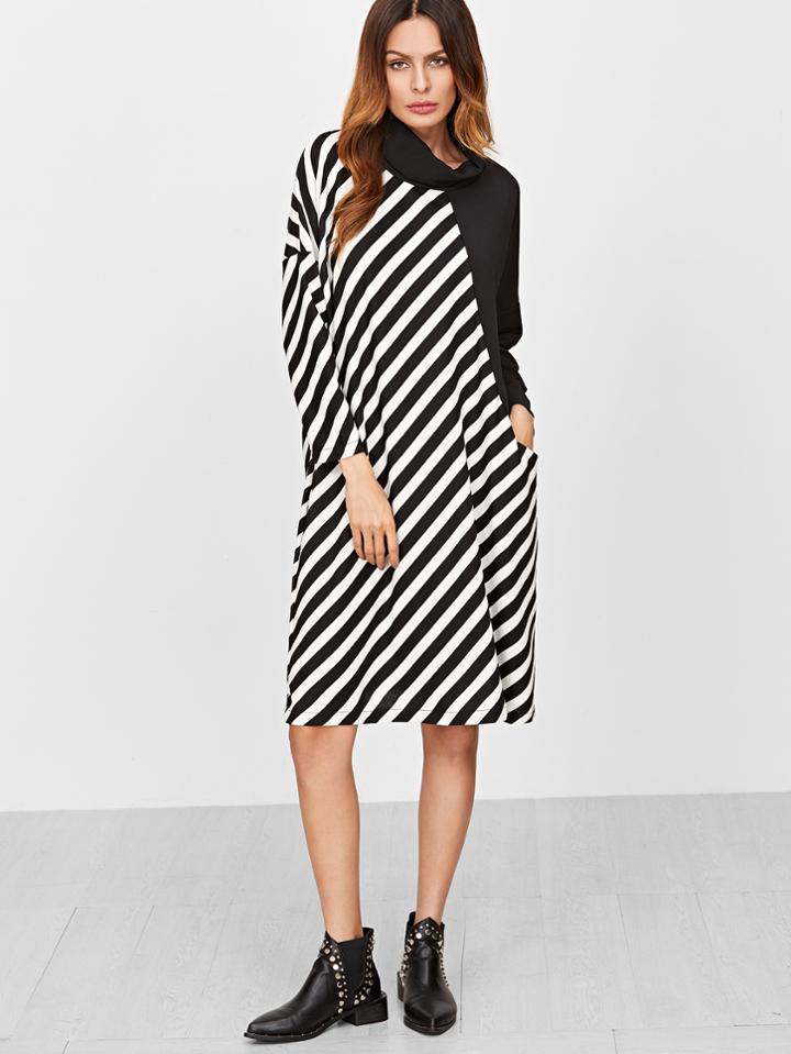Shein Diagonal Stripe Contrast Cowl Neck Tee Dress