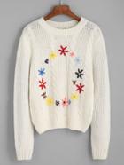 Shein White Cable Knit Flower Embroidered Sweater