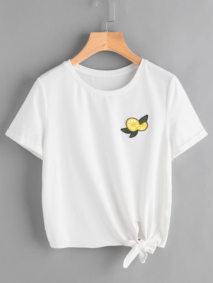 Shein Lemon Embroidered Knot Front Cuffed Tee
