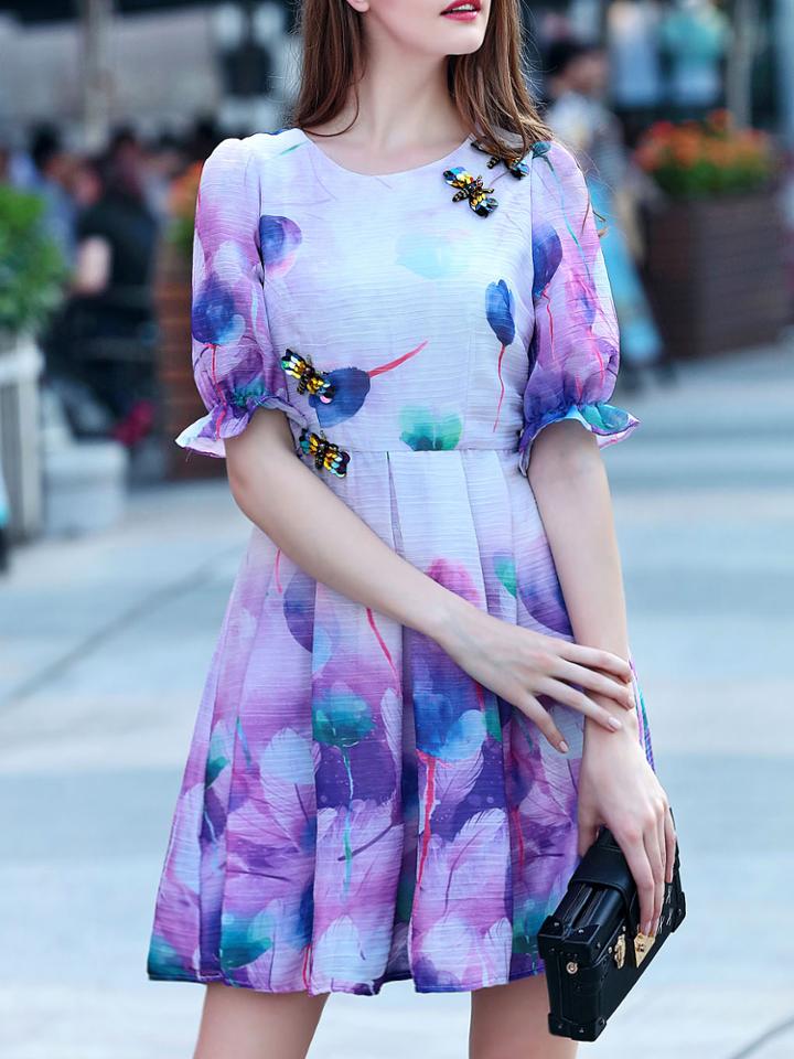 Shein Purple Bees Beading Print A-line Dress