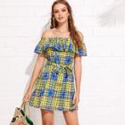 Shein Flounce Layer Neckline Madras Plaid Belted Dress