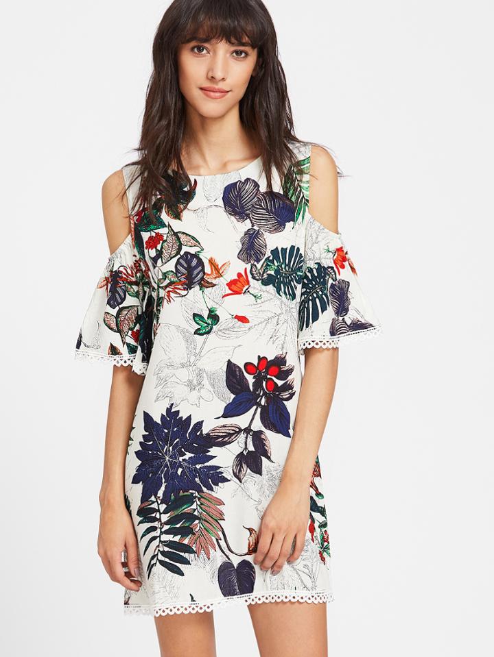 Shein Tropical Print Cold Shoulder Lace Trim Dress