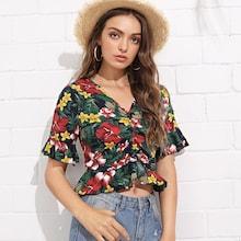 Shein Twist Front Bell Sleeve Flower Print Top