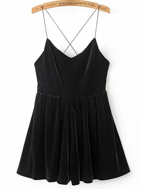 Shein Black Spaghetti Strap Cross Back Velvet Romper
