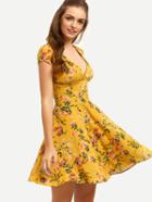 Shein Yellow Floral V Neck Cutout Dress