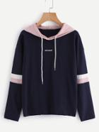 Shein Contrast Hooded Embroidered Striped Sleeve Sweatshirt