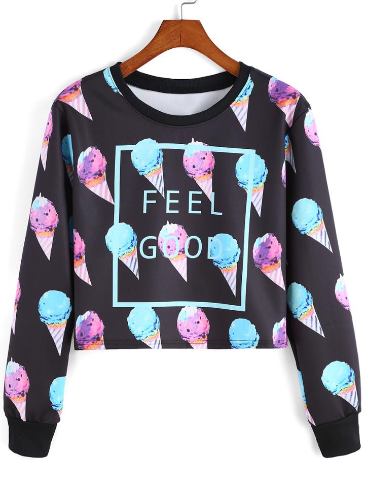 Shein Multicolor Round Neck Ice Cream Patterned Print Crop Sweatshirt