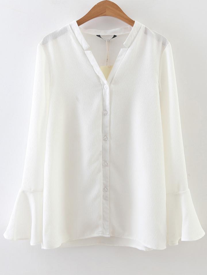 Shein White V Neck Bell Sleeve Blouse