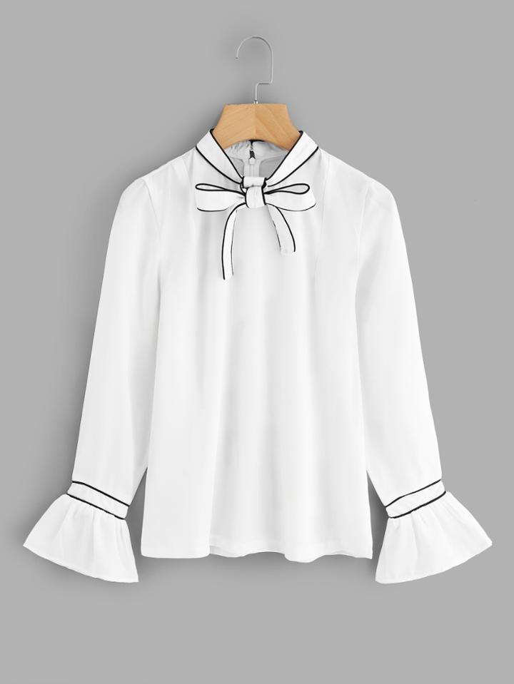 Shein Fluted Sleeve Tie Neck Zip Up Back Top