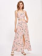 Shein Flower Print Crop Cami Top With Buttoned Slit Front Skirt