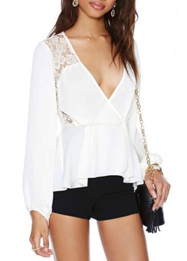 Rosewe Sexy Deep V Neck Lace Splicing Long Sleeve T Shirt White