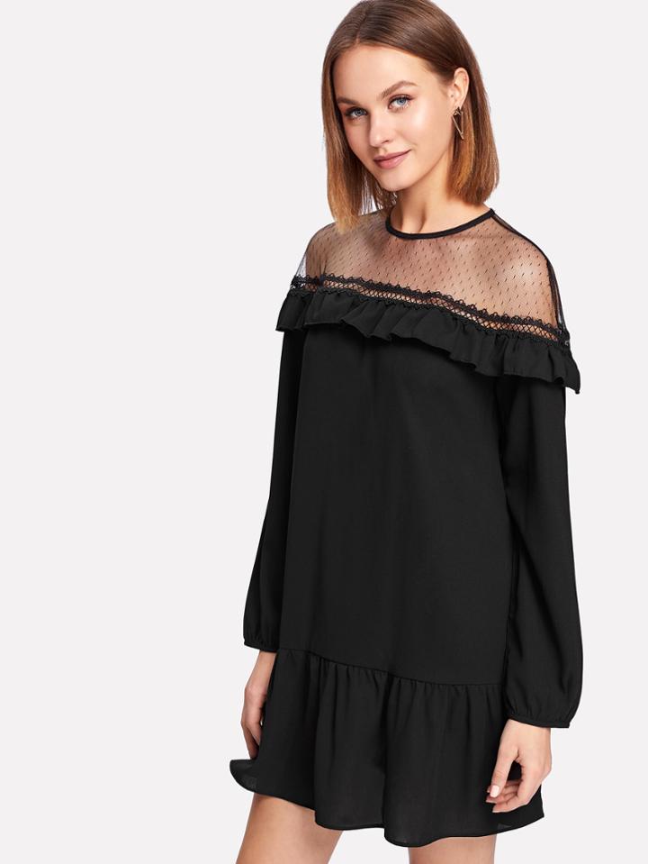 Shein Dot Mesh Shoulder Lace Detail Ruffle Dress