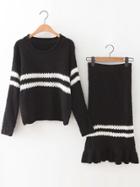 Shein Black Striped Rolled Neck Sweater With Skirt
