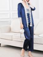 Shein Contrast Lace Trim Cami Pajama Set With Robe