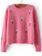 Shein Pink Round Neck Ostrich Embroidered Crop Sweater