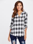 Shein V-placket Roll Tab Sleeve Dolphin Hem Blouse