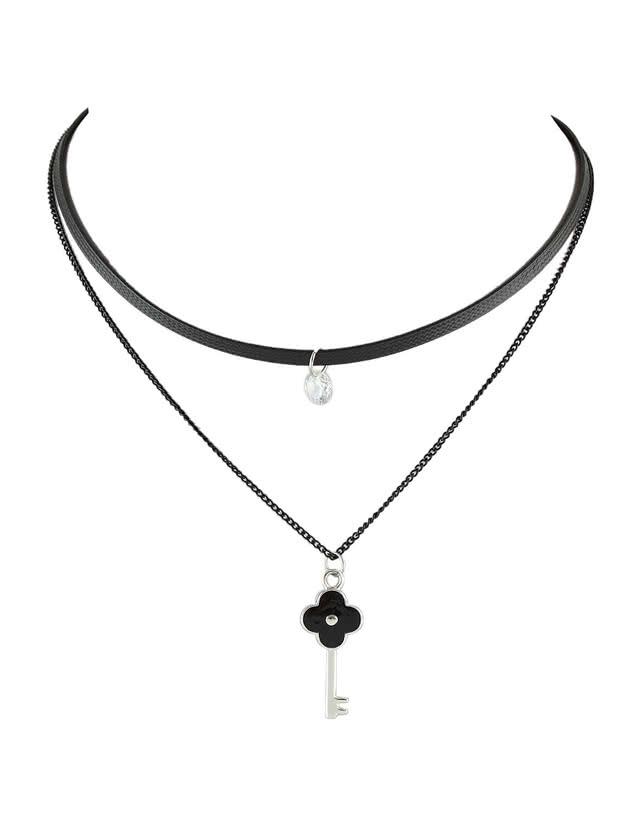 Shein Black Layers Rhinestone Key Shape Pendant Necklace