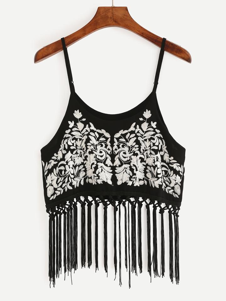 Shein Macrame Fringe Embroidered Cami Top - Black