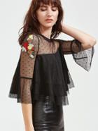 Shein Embroidered Sheer Shoulder Layered Dotted Mesh Top