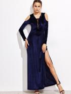 Shein Navy Cold Shoulder Lace Up Front Slit Velvet Dress