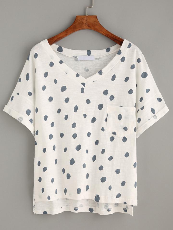 Shein Blue Dot Print Dip Hem T-shirt With Pocket