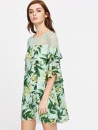 Shein Palm Leaf Print Sheer Shoulder Ruffle Sleeve Dress