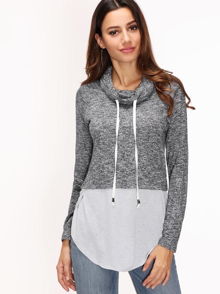 Shein Grey Cowl Neck Contrast Curved Hem Slub T-shirt