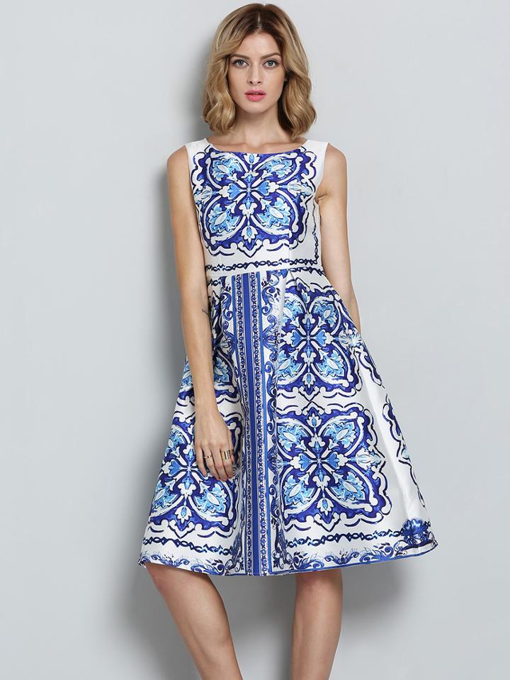 Shein Blue White Sleeveless Floral Flare Dress