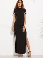 Shein Black Striped Trim Short Sleeve Split Maxi Dress