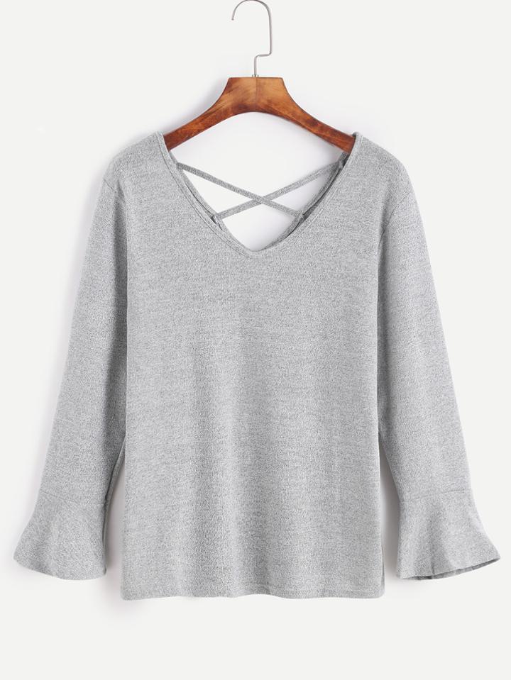 Shein Grey Double V Neck Bell Sleeve Lattice Back T-shirt