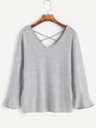 Shein Grey Double V Neck Bell Sleeve Lattice Back T-shirt