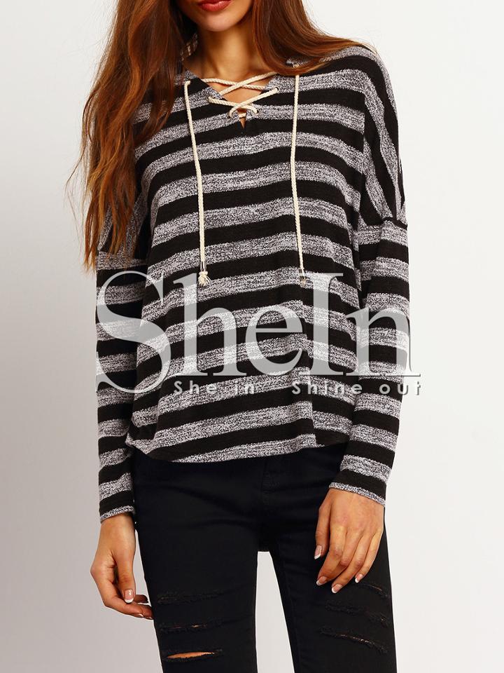 Shein Grey Striped Hooded Lace Up Neck T-shirt